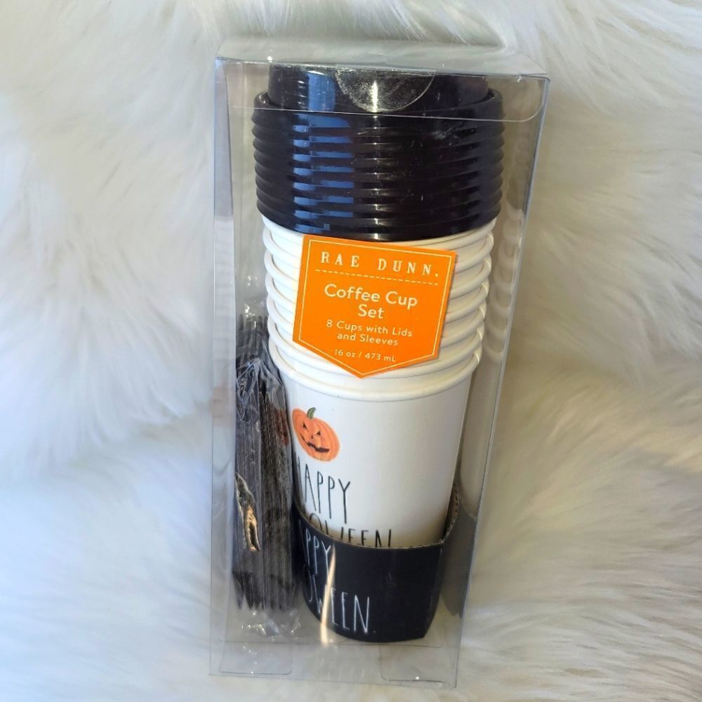 Rae Dunn 16oz 8 cups with lids and sleeves  HAPPY HALLOWEEN Jack Ivory / black